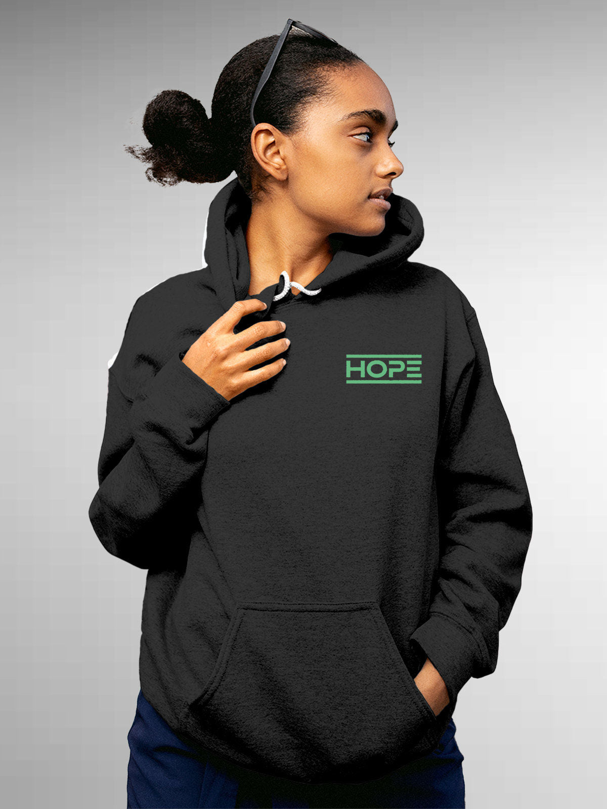 Model wearing Women's Dark Grey Hoodie Sweatshirt with 'Hope' design, offering effortless style and premium comfort