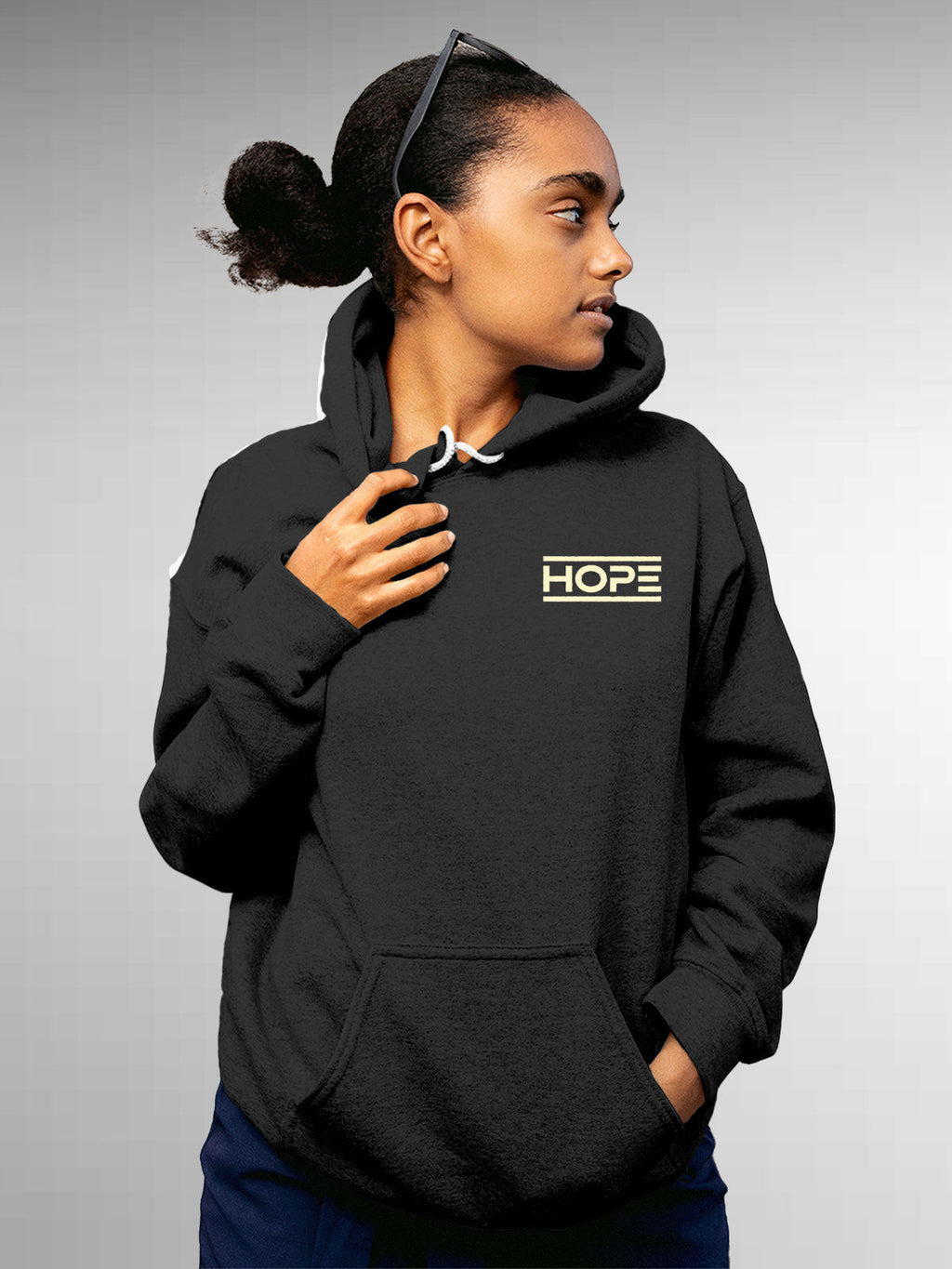 Model wearing Women's Dark Grey Hoodie Sweatshirt with 'Hope' design, offering effortless style and premium comfort