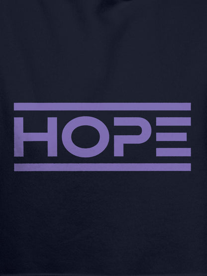 Close up of 'Hope' design on Men's Navy Blue Hoodie Sweatshirt, highlighting intricate details and vibrant print.