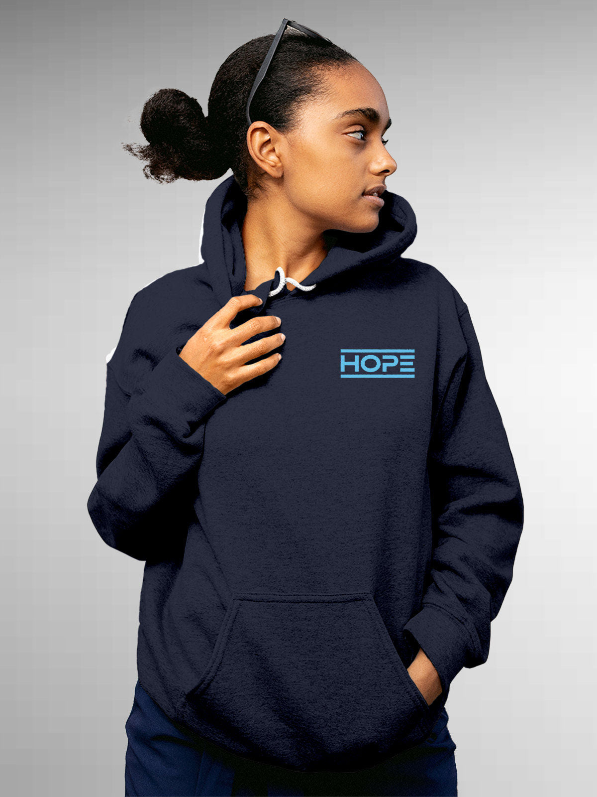 Model wearing Women's Navy Blue Hoodie Sweatshirt with 'Hope' design, offering effortless style and premium comfort