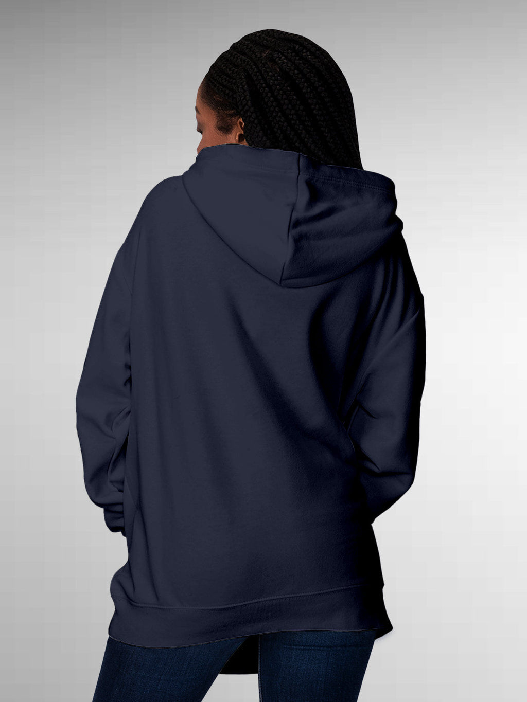 Back view of Fighterhero Women's Navy Blue Hoodie Sweatshirt, highlighting the modern look and clean finish