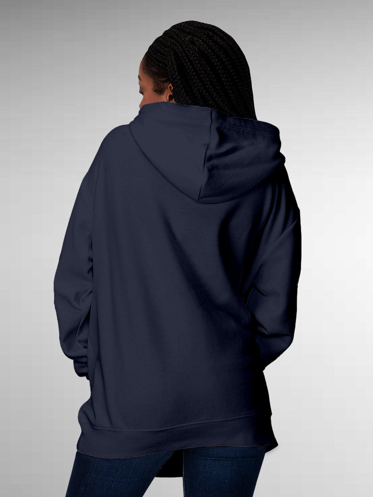 Back view of Fighterhero Women's Navy Blue Hoodie Sweatshirt, highlighting the modern look and clean finish