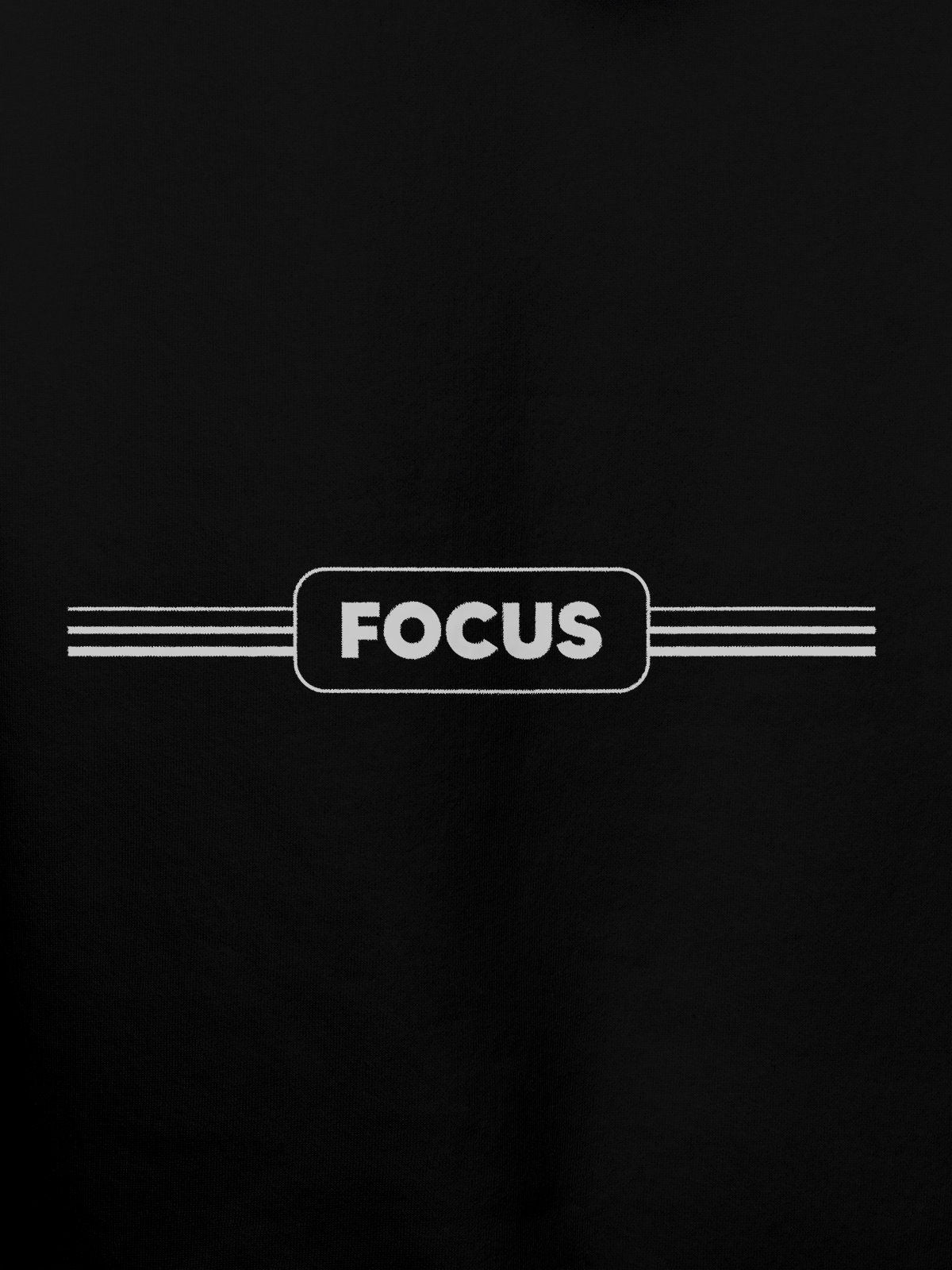 Close up of 'Focus' design on Men's Black Hoodie Sweatshirt, highlighting intricate details and vibrant print.