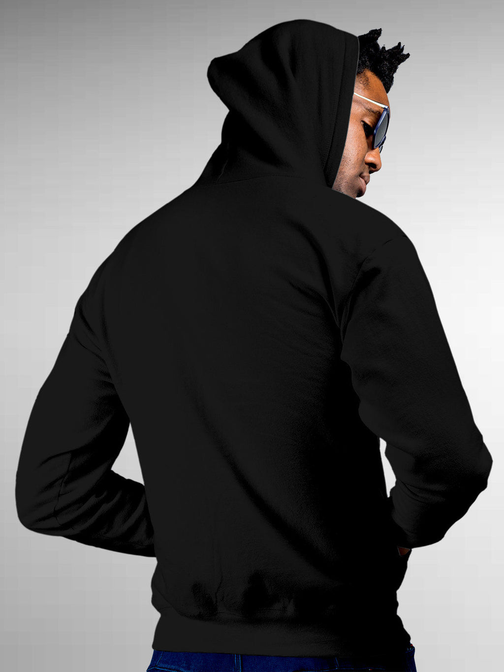 Back view of Fighterhero Men's Black Hoodie Sweatshirt, highlighting the modern look and clean finish
