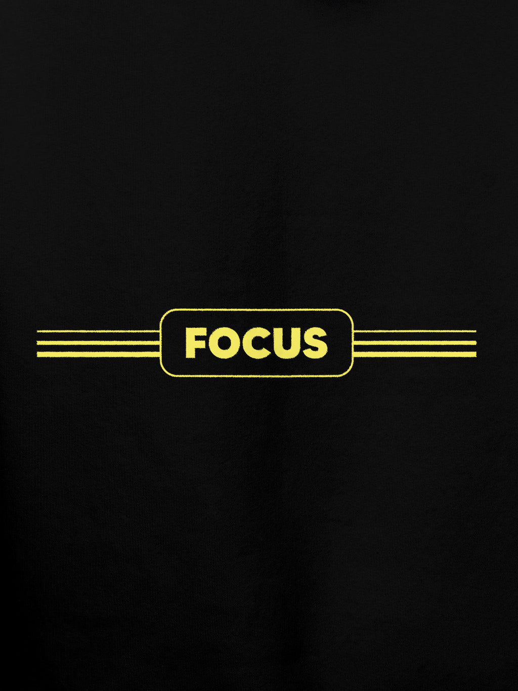 Close up of 'Focus' design on Men's Black Hoodie Sweatshirt, highlighting intricate details and vibrant print.