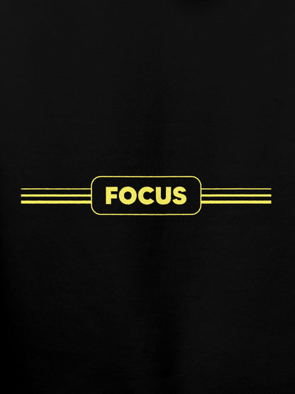 Close up of 'Focus' design on Men's Black Hoodie Sweatshirt, highlighting intricate details and vibrant print.