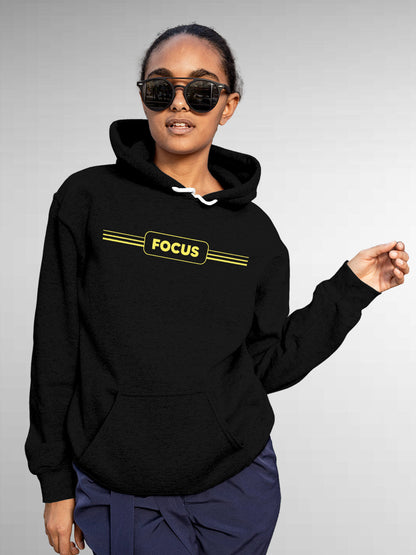 Model wearing Women's Black Hoodie Sweatshirt with 'Focus' design, offering effortless style and premium comfort