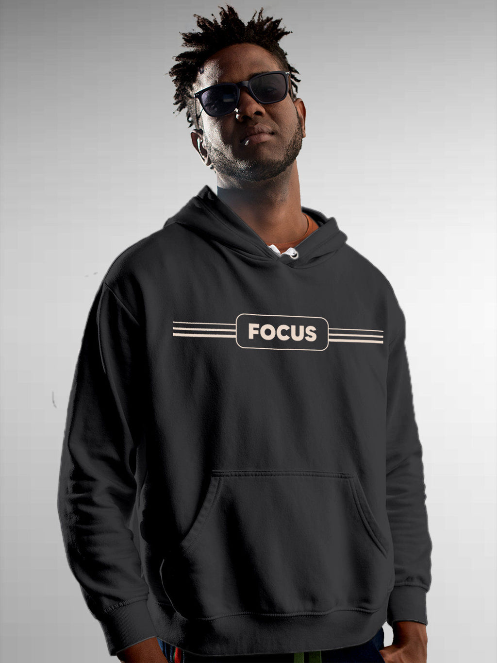 Model wearing Men's Dark Grey Hoodie Sweatshirt with 'Focus' design, offering effortless style and premium comfort