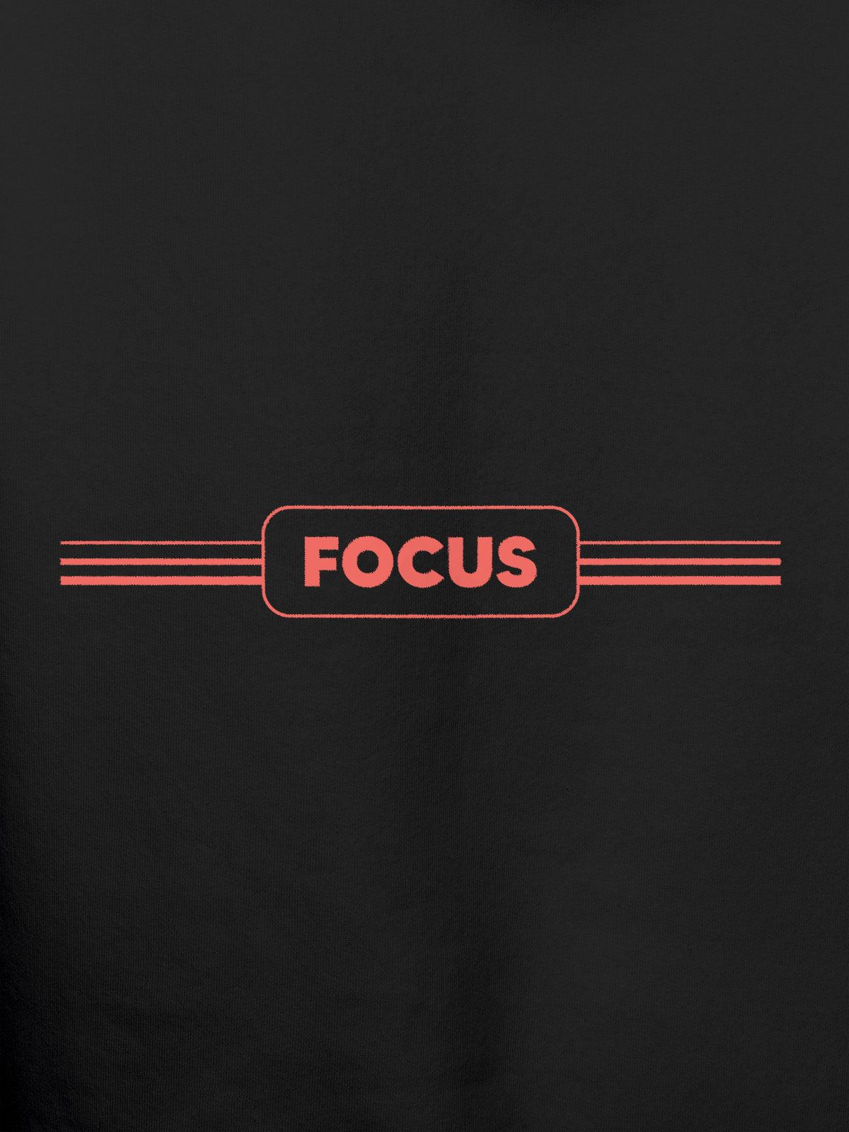 Close up of 'Focus' design on Men's Dark Grey Hoodie Sweatshirt, highlighting intricate details and vibrant print.