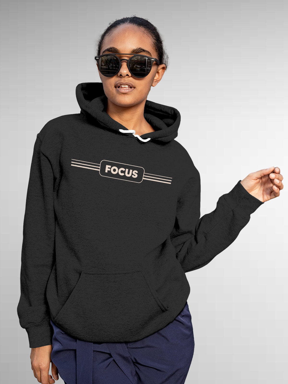 Model wearing Women's Dark Grey Hoodie Sweatshirt with 'Focus' design, offering effortless style and premium comfort