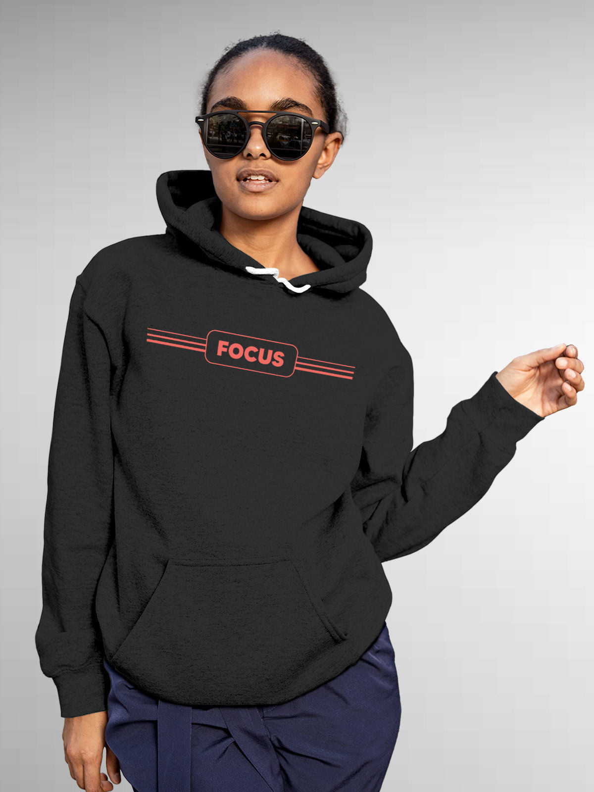 Model wearing Women's Dark Grey Hoodie Sweatshirt with 'Focus' design, offering effortless style and premium comfort