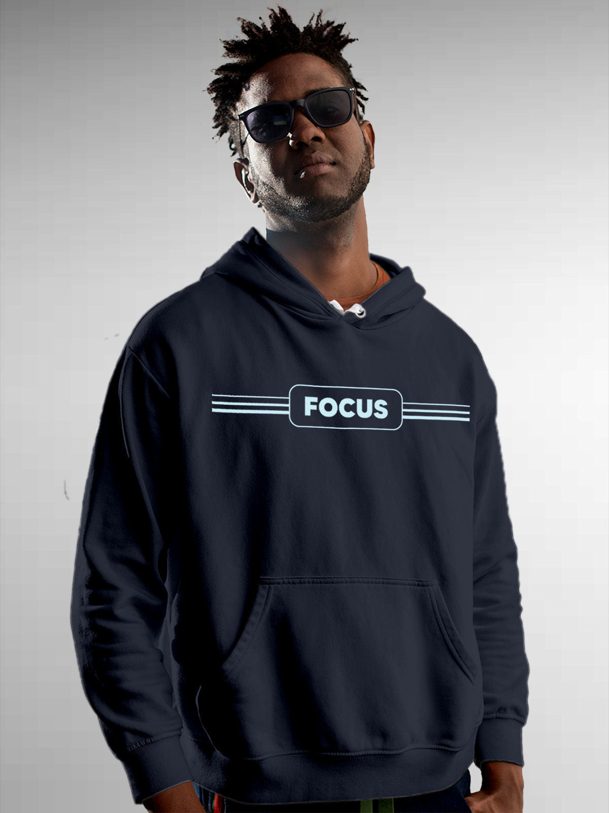 Model wearing Men's Navy Blue Hoodie Sweatshirt with 'Focus' design, offering effortless style and premium comfort