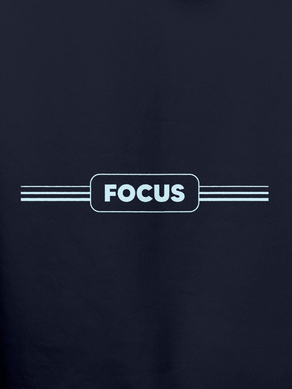 Close up of 'Focus' design on Men's Navy Blue Hoodie Sweatshirt, highlighting intricate details and vibrant print.