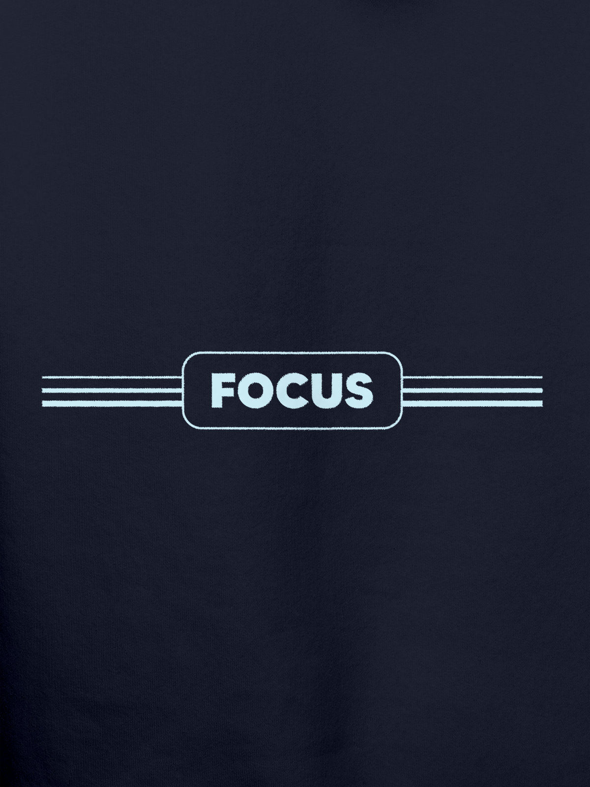 Close up of 'Focus' design on Men's Navy Blue Hoodie Sweatshirt, highlighting intricate details and vibrant print.