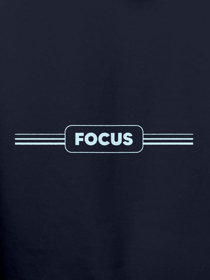 Close up of 'Focus' design on Men's Navy Blue Hoodie Sweatshirt, highlighting intricate details and vibrant print.