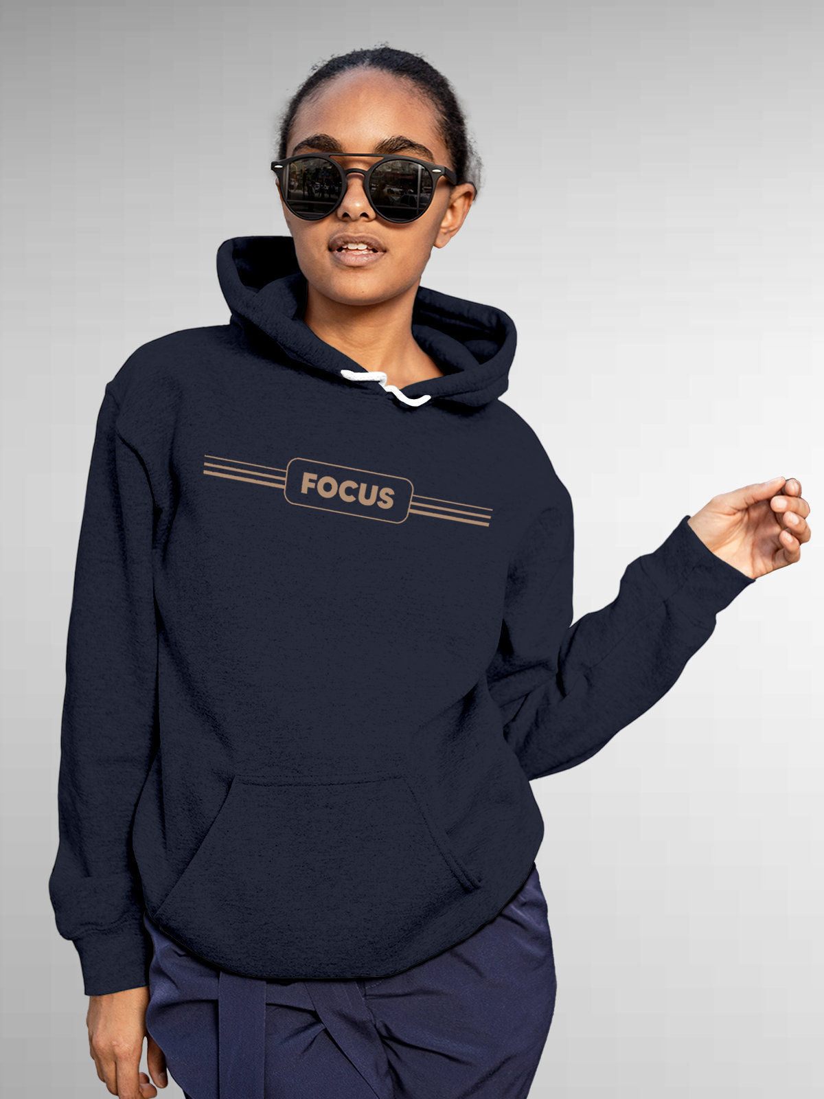 Model wearing Women's Navy Blue Hoodie Sweatshirt with 'Focus' design, offering effortless style and premium comfort