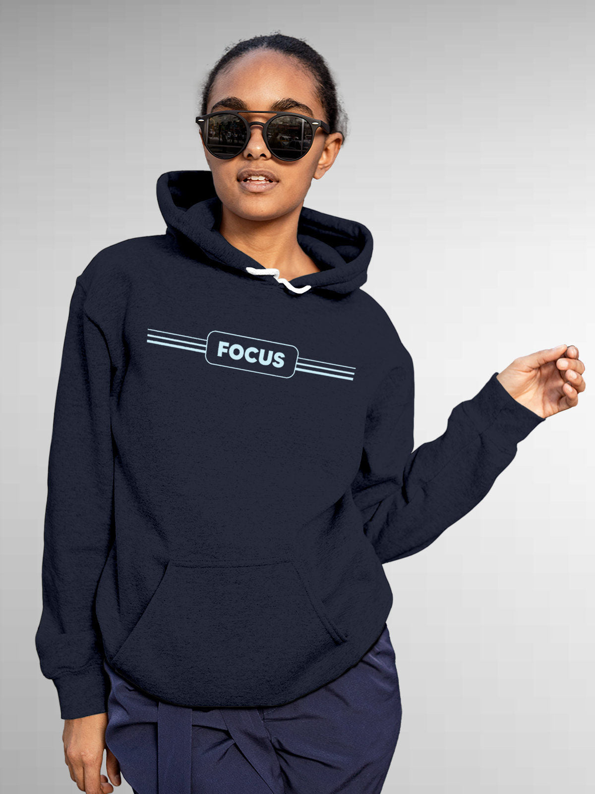 Model wearing Women's Navy Blue Hoodie Sweatshirt with 'Focus' design, offering effortless style and premium comfort
