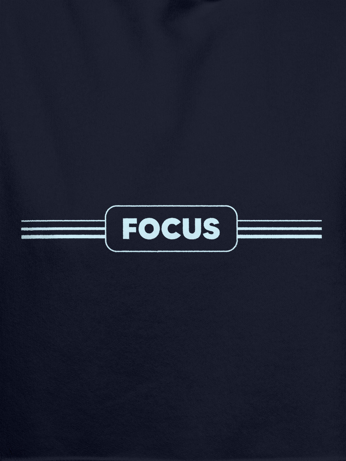 Close up of 'Focus' design on Women's Navy Blue Hoodie Sweatshirt, highlighting intricate details and vibrant print.