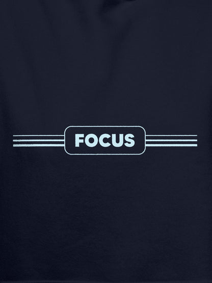 Close up of 'Focus' design on Women's Navy Blue Hoodie Sweatshirt, highlighting intricate details and vibrant print.