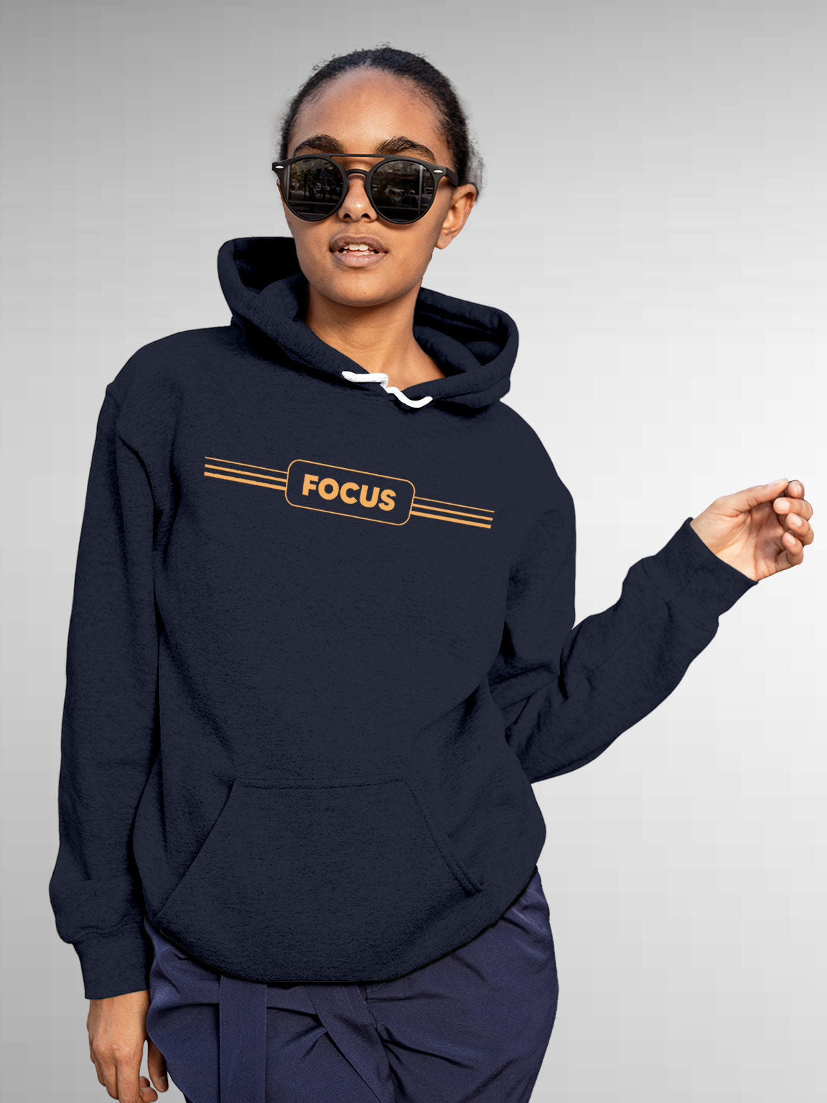 Model wearing Women's Navy Blue Hoodie Sweatshirt with 'Focus' design, offering effortless style and premium comfort