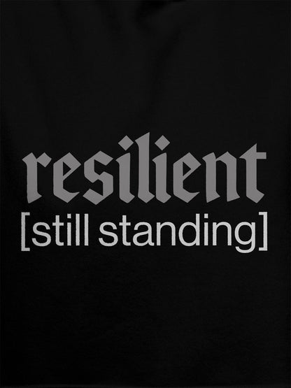 Close up of 'Resilient' design on Men's Black Hoodie Sweatshirt, highlighting intricate details and vibrant print.