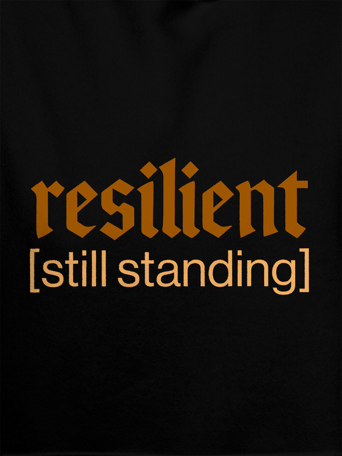Close up of 'Resilient' design on Women's Black Hoodie Sweatshirt, highlighting intricate details and vibrant print.