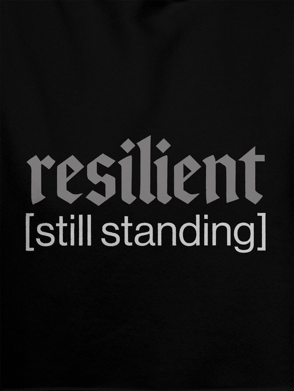 Close up of 'Resilient' design on Women's Black Hoodie Sweatshirt, highlighting intricate details and vibrant print.