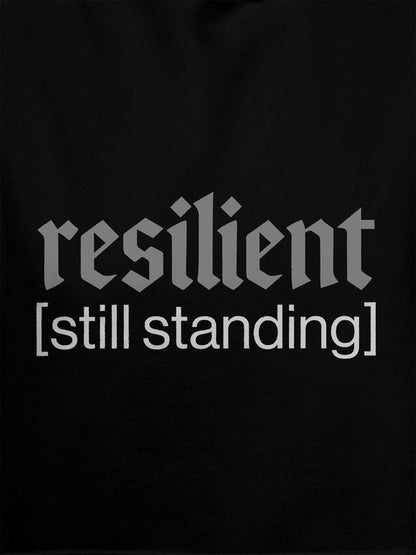 Close up of 'Resilient' design on Women's Black Hoodie Sweatshirt, highlighting intricate details and vibrant print.