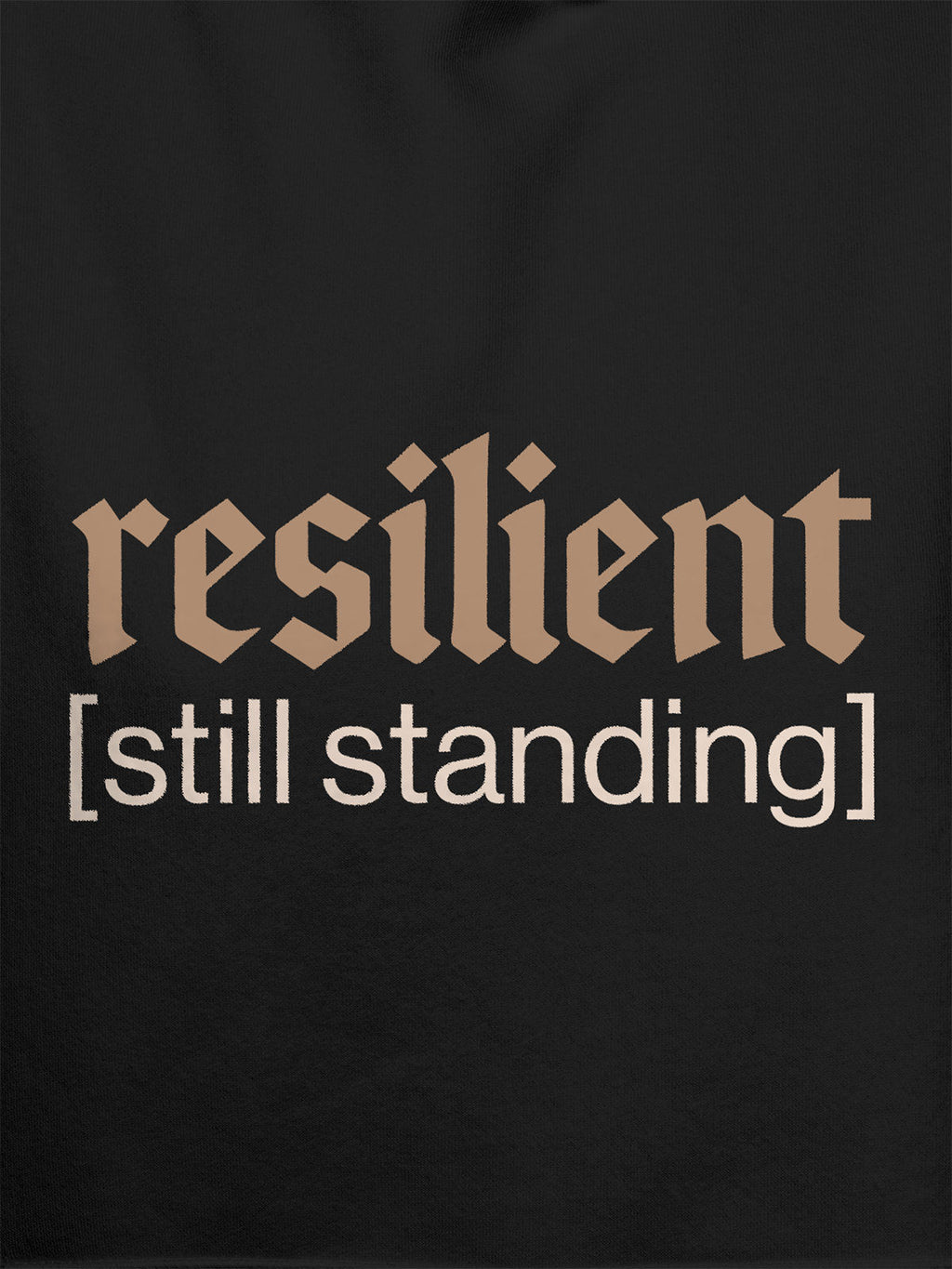Close up of 'Resilient' design on Men's Dark Grey Hoodie Sweatshirt, highlighting intricate details and vibrant print.