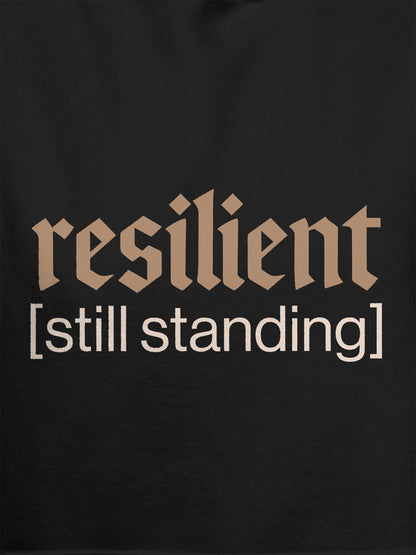 Close up of 'Resilient' design on Men's Dark Grey Hoodie Sweatshirt, highlighting intricate details and vibrant print.