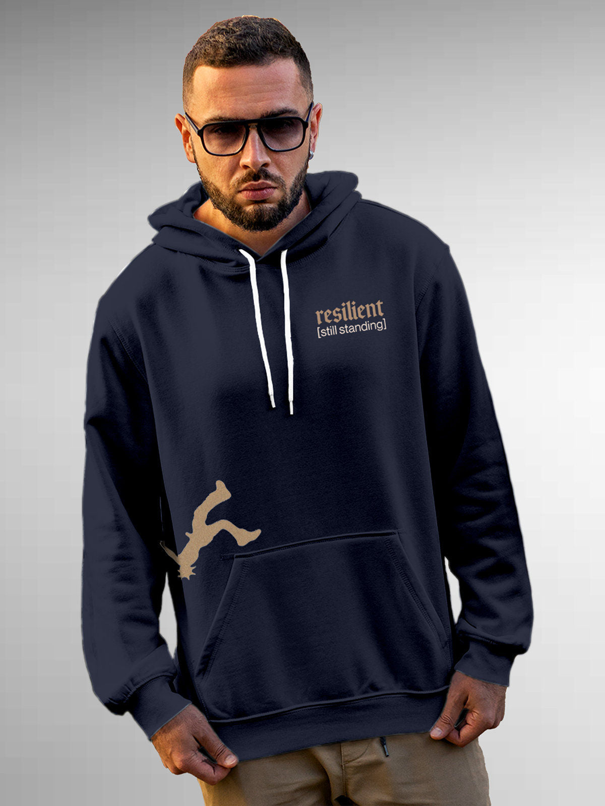 Model wearing Men's Navy Blue Hoodie Sweatshirt with 'Resilient' design, offering effortless style and premium comfort