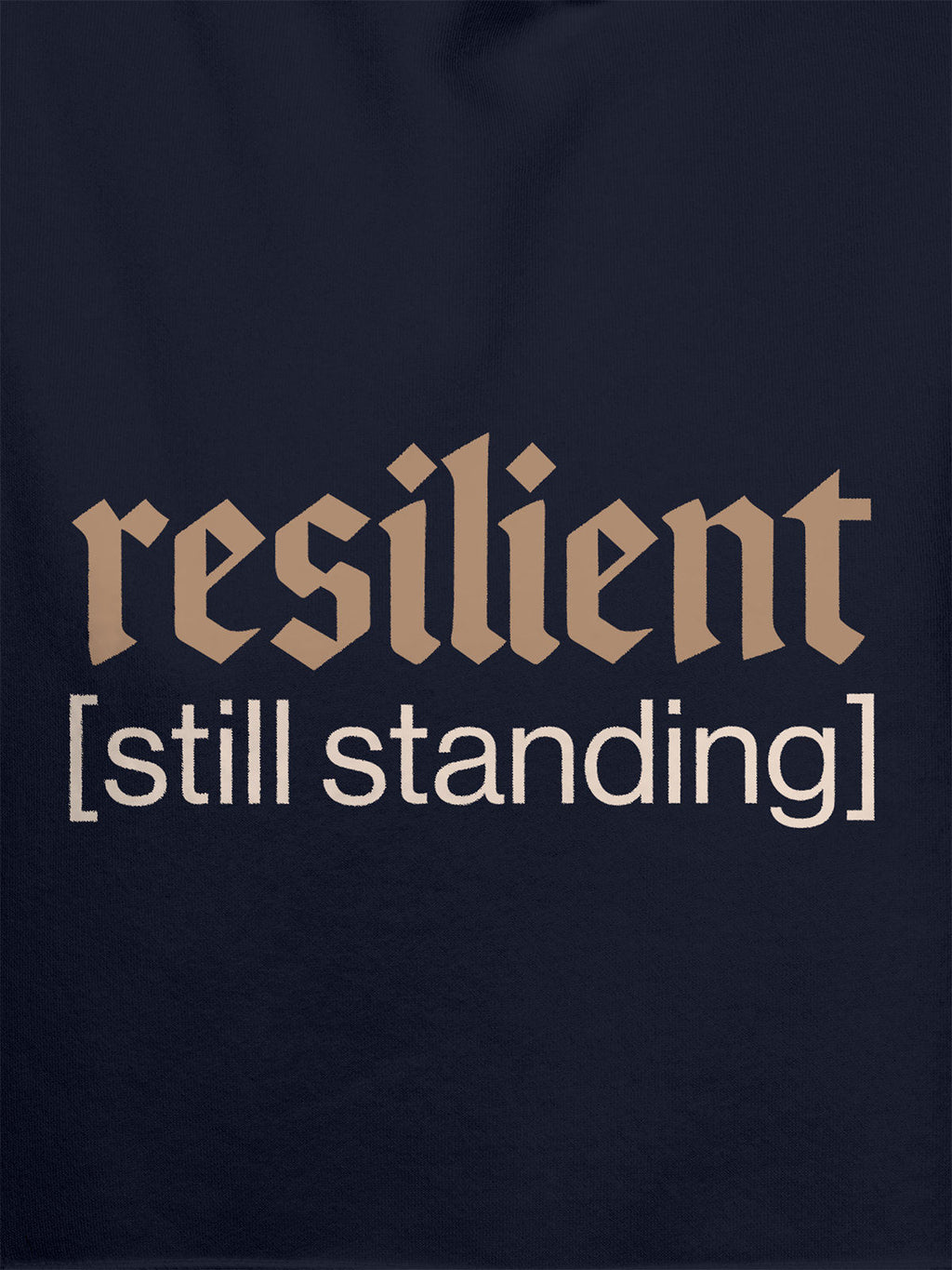 Close up of 'Resilient' design on Men's Navy Blue Hoodie Sweatshirt, highlighting intricate details and vibrant print.