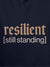 Close up of 'Resilient' design on Men's Navy Blue Hoodie Sweatshirt, highlighting intricate details and vibrant print.