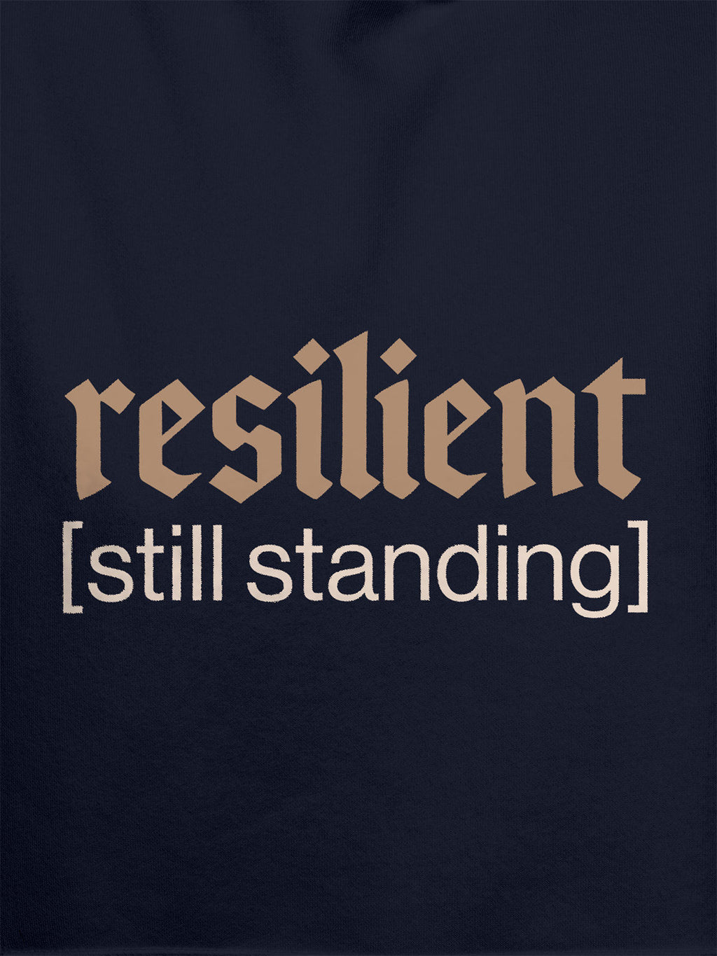 Close up of 'Resilient' design on Women's Navy Blue Hoodie Sweatshirt, highlighting intricate details and vibrant print.