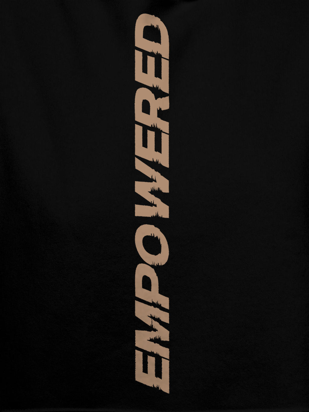 Close up of 'Empowered' design on Men's Black Hoodie Sweatshirt, highlighting intricate details and vibrant print.