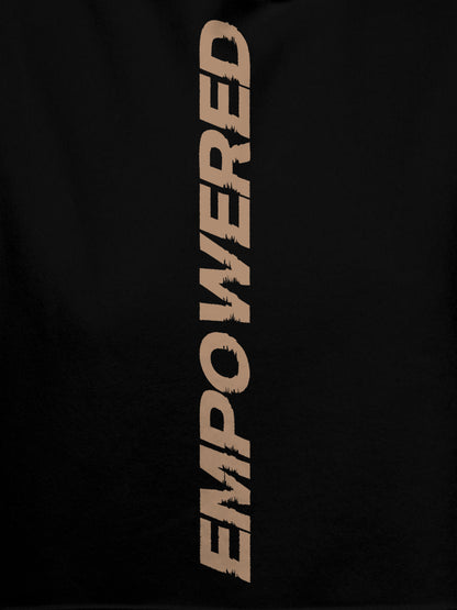 Close up of 'Empowered' design on Men's Black Hoodie Sweatshirt, highlighting intricate details and vibrant print.