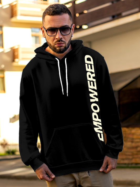 Fighterhero Hoodie Collection: Model wearing Men's Black Hoodie Sweatshirt with 'Empowered' design