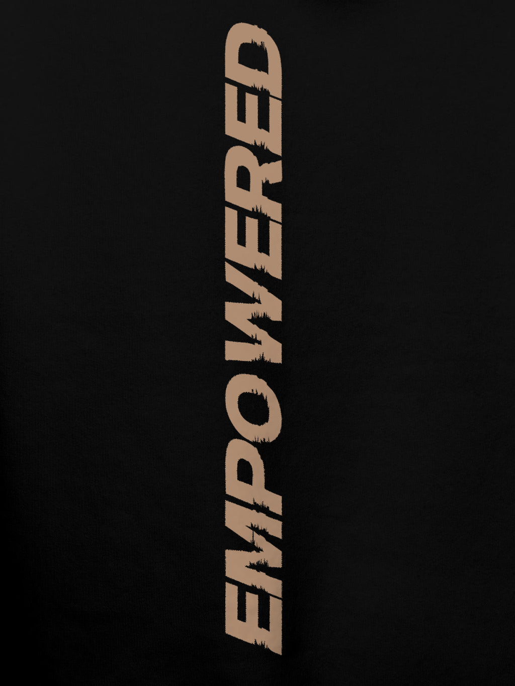 Close up of 'Empowered' design on Women's Black Hoodie Sweatshirt, highlighting intricate details and vibrant print.
