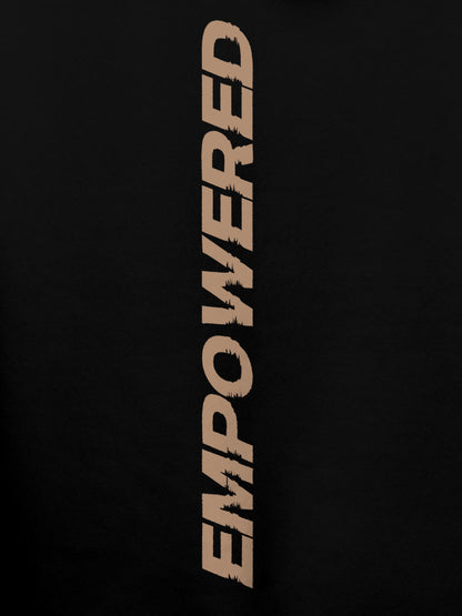 Close up of 'Empowered' design on Women's Black Hoodie Sweatshirt, highlighting intricate details and vibrant print.