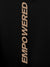 Close up of 'Empowered' design on Women's Black Hoodie Sweatshirt, highlighting intricate details and vibrant print.