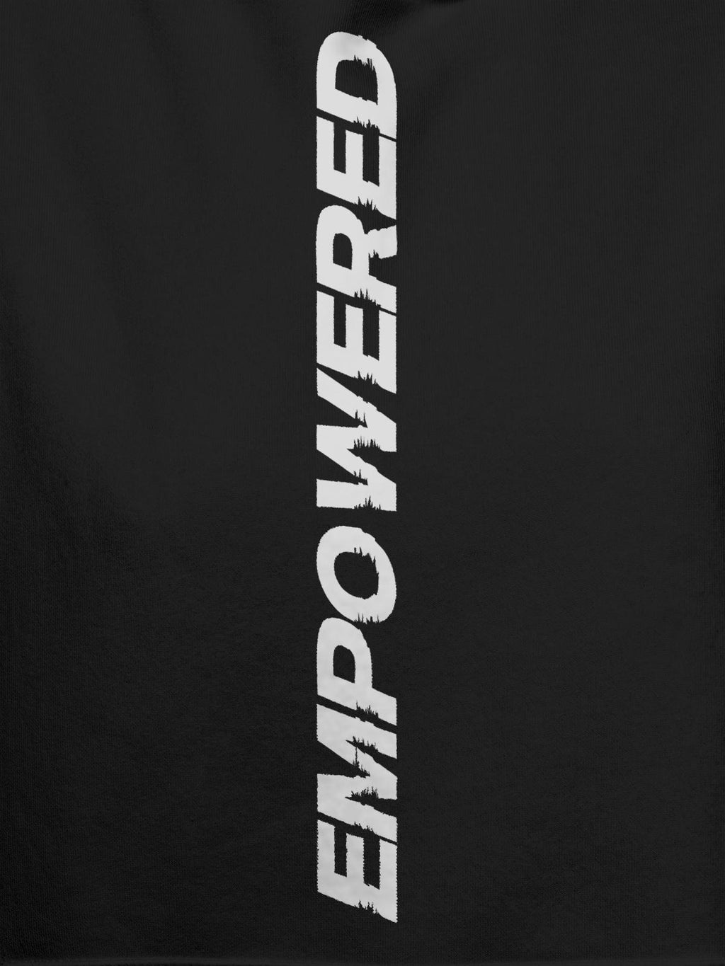 Close up of 'Empowered' design on Men's Dark Grey Hoodie Sweatshirt, highlighting intricate details and vibrant print.