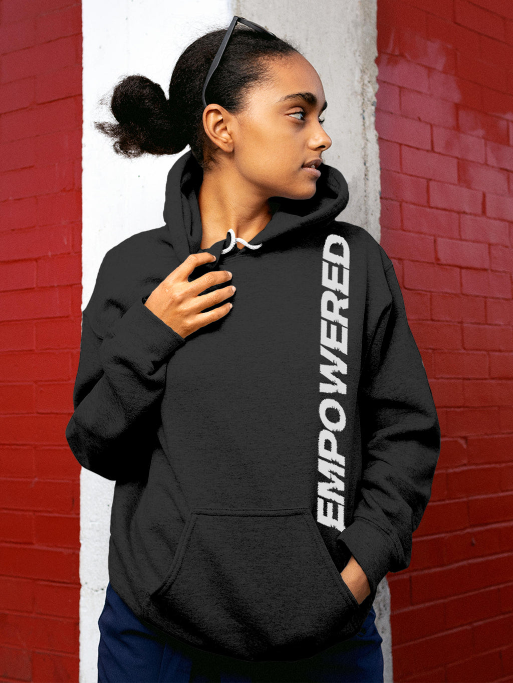 Model wearing Women's Dark Grey Hoodie Sweatshirt with 'Empowered' design, offering effortless style and premium comfort