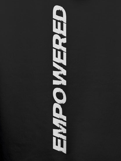 Close up of 'Empowered' design on Women's Dark Grey Hoodie Sweatshirt, highlighting intricate details and vibrant print.