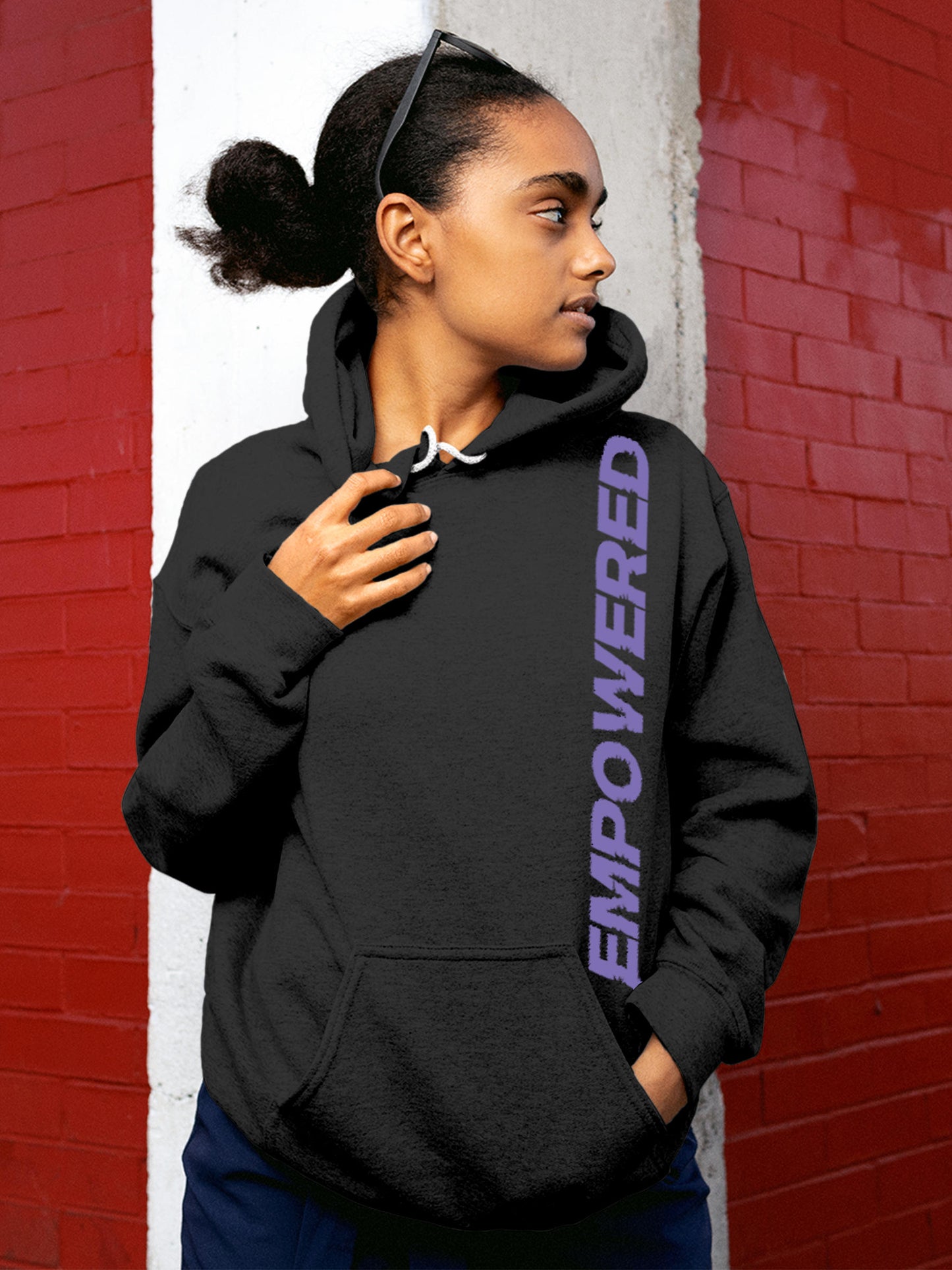 Model wearing Women's Dark Grey Hoodie Sweatshirt with 'Empowered' design, offering effortless style and premium comfort