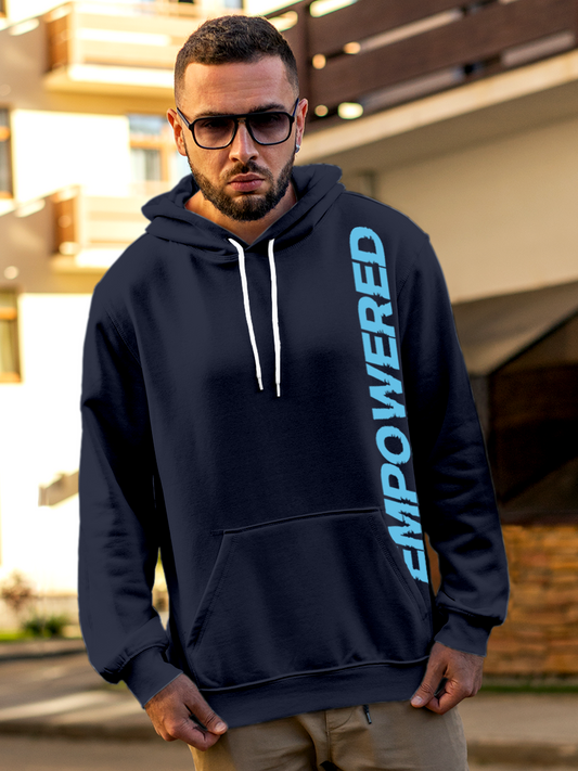 Fighterhero Hoodie Collection: Model wearing Men's Navy Blue Hoodie Sweatshirt with 'Empowered' design