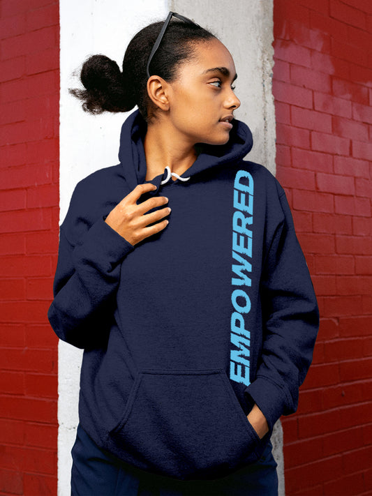 Model wearing Women's Navy Blue Hoodie Sweatshirt with 'Empowered' design, offering effortless style and premium comfort