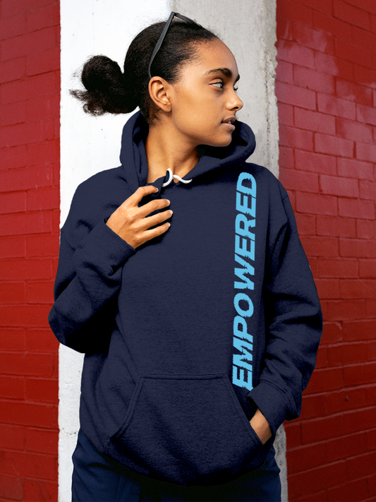 Fighterhero Hoodie Collection: Model wearing Women's Navy Blue Hoodie Sweatshirt with 'Empowered' design