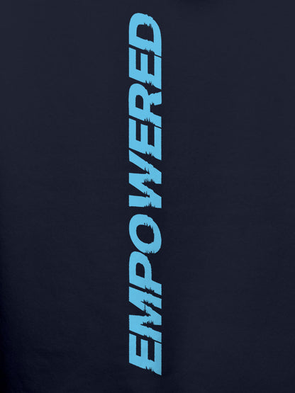 Close up of 'Empowered' design on Women's Navy Blue Hoodie Sweatshirt, highlighting intricate details and vibrant print.