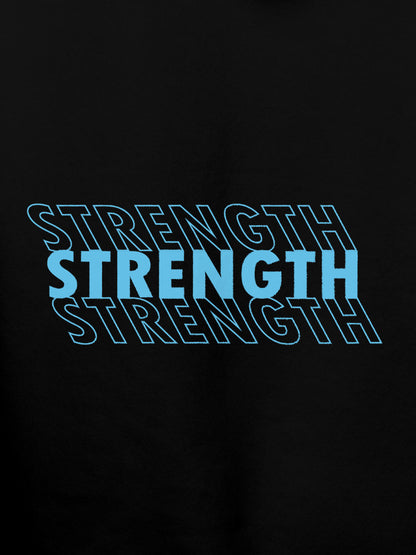 Close up of 'Strength' design on Men's Black Hoodie Sweatshirt, highlighting intricate details and vibrant print.