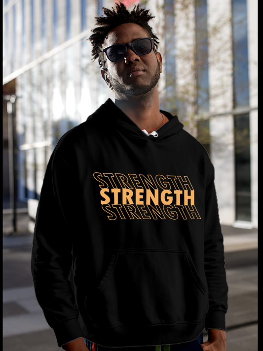 Fighterhero Hoodie Collection: Model wearing Men's Black Hoodie Sweatshirt with 'Strength' design
